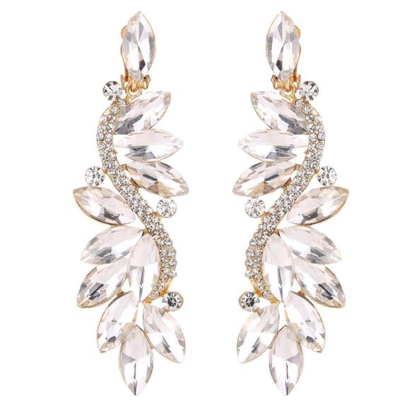 Yellow Gold with White Diamond Austrian Crystal Clip On Chandelier Earrings